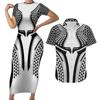 Hawaiian Kakau Art Tattoos Aquaman Style Couples Matching Short Sleeve Bodycon Dress and Hawaiian Shirt White Version - Polynesian Pride