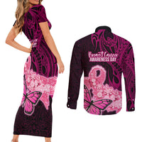 Polynesia Breast Cancer Couples Matching Short Sleeve Bodycon Dress and Long Sleeve Button Shirts Butterfly and Flowers Ribbon Maori Tattoo Ethnic Black Style LT03 - Polynesian Pride