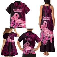 Polynesia Breast Cancer Family Matching Tank Maxi Dress and Hawaiian Shirt Butterfly and Flowers Ribbon Maori Tattoo Ethnic Black Style LT03 - Polynesian Pride