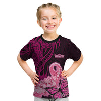 Polynesia Breast Cancer Kid T Shirt Butterfly and Flowers Ribbon Maori Tattoo Ethnic Black Style LT03 Black - Polynesian Pride