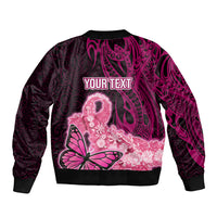 Custom Polynesia Breast Cancer Bomber Jacket Butterfly and Flowers Ribbon Maori Tattoo Ethnic Black Style LT03 - Polynesian Pride