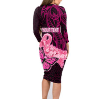 Custom Polynesia Breast Cancer Family Matching Long Sleeve Bodycon Dress and Hawaiian Shirt Butterfly and Flowers Ribbon Maori Tattoo Ethnic Black Style LT03 - Polynesian Pride
