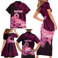 Custom Polynesia Breast Cancer Family Matching Short Sleeve Bodycon Dress and Hawaiian Shirt Butterfly and Flowers Ribbon Maori Tattoo Ethnic Black Style LT03 - Polynesian Pride