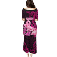 Custom Polynesia Breast Cancer Puletasi Butterfly and Flowers Ribbon Maori Tattoo Ethnic Black Style LT03 - Polynesian Pride