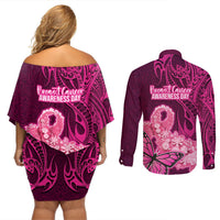 Polynesia Breast Cancer Couples Matching Off Shoulder Short Dress and Long Sleeve Button Shirts Butterfly and Flowers Ribbon Maori Tattoo Ethnic Pink Style LT03 - Polynesian Pride