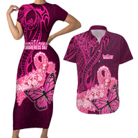 Polynesia Breast Cancer Couples Matching Short Sleeve Bodycon Dress and Hawaiian Shirt Butterfly and Flowers Ribbon Maori Tattoo Ethnic Pink Style LT03 Pink - Polynesian Pride