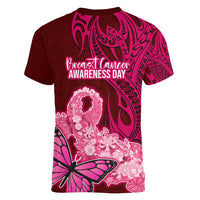 Polynesia Breast Cancer Women V Neck T Shirt Butterfly and Flowers Ribbon Maori Tattoo Ethnic Red Style LT03 - Polynesian Pride
