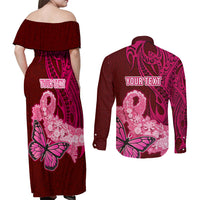 Custom Polynesia Breast Cancer Couples Matching Off Shoulder Maxi Dress and Long Sleeve Button Shirts Butterfly and Flowers Ribbon Maori Tattoo Ethnic Red Style LT03 - Polynesian Pride