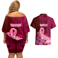 Custom Polynesia Breast Cancer Couples Matching Off Shoulder Short Dress and Hawaiian Shirt Butterfly and Flowers Ribbon Maori Tattoo Ethnic Red Style LT03 - Polynesian Pride