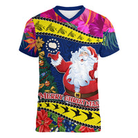 Cook Island Christmas Women V Neck T Shirt Santa Claus Mix Maroro and Kakaia Hibiscus Flower Maori Pattern LT03 Female Blue - Polynesian Pride