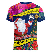 Cook Island Christmas Women V Neck T Shirt Santa Claus Mix Maroro and Kakaia Hibiscus Flower Maori Pattern LT03 - Polynesian Pride