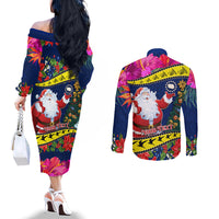 Personalised Cook Island Christmas Couples Matching Off The Shoulder Long Sleeve Dress and Long Sleeve Button Shirt Santa Claus Mix Maroro and Kakaia Hibiscus Flower Maori Pattern LT03 - Polynesian Pride