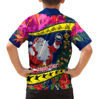 Personalised Cook Island Christmas Family Matching Long Sleeve Bodycon Dress and Hawaiian Shirt Santa Claus Mix Maroro and Kakaia Hibiscus Flower Maori Pattern LT03 - Polynesian Pride