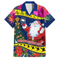 Personalised Cook Island Christmas Family Matching Off Shoulder Long Sleeve Dress and Hawaiian Shirt Santa Claus Mix Maroro and Kakaia Hibiscus Flower Maori Pattern LT03 Dad's Shirt - Short Sleeve Blue - Polynesian Pride