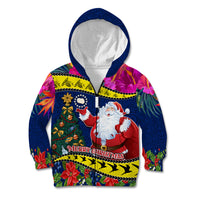Personalised Cook Island Christmas Kid Hoodie Santa Claus Mix Maroro and Kakaia Hibiscus Flower Maori Pattern LT03 Zip Hoodie Blue - Polynesian Pride