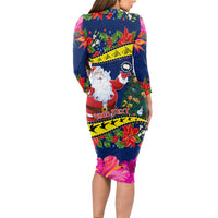 Personalised Cook Island Christmas Long Sleeve Bodycon Dress Santa Claus Mix Maroro and Kakaia Hibiscus Flower Maori Pattern LT03 - Polynesian Pride