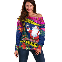 Personalised Cook Island Christmas Off Shoulder Sweater Santa Claus Mix Maroro and Kakaia Hibiscus Flower Maori Pattern LT03 Women Blue - Polynesian Pride