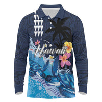 Hawaiian Honu Honi Ihu Long Sleeve Polo Shirt With Plumeria and Kakau Art Pattern LT03 Dark Blue - Polynesian Pride