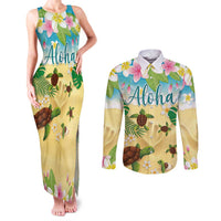 Aloha Turtle Family on The Beach Couples Matching Tank Maxi Dress and Long Sleeve Button Shirt with Hawaiian Colorful Plumeria