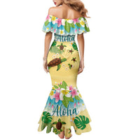Aloha Turtle Family on The Beach Family Matching Mermaid Dress and Hawaiian Shirt with Hawaiian Colorful Plumeria