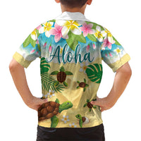 Aloha Turtle Family on The Beach Family Matching Short Sleeve Bodycon Dress and Hawaiian Shirt with Hawaiian Colorful Plumeria