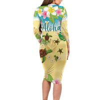 Aloha Turtle Family on The Beach Long Sleeve Bodycon Dress with Hawaiian Colorful Plumeria