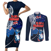 New Zealand Waitangi Couples Matching Short Sleeve Bodycon Dress and Long Sleeve Button Shirt Te Ra O Waitangi Maori Kiwis Bird LT03 Blue - Polynesian Pride