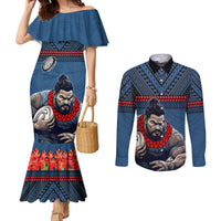 Custom Toa Samoa Rugby Couples Matching Mermaid Dress and Long Sleeve Button Shirt Samoan Warrior Ula Fala Tribal Pattern LT03 Blue - Polynesian Pride