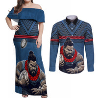 Custom Toa Samoa Rugby Couples Matching Off Shoulder Maxi Dress and Long Sleeve Button Shirt Samoan Warrior Ula Fala Tribal Pattern LT03