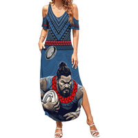 Custom Toa Samoa Rugby Summer Maxi Dress Samoan Warrior Ula Fala Tribal Pattern LT03 Women Blue - Polynesian Pride