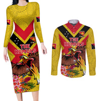 Custom Papua New Guinea Rugby Couples Matching Long Sleeve Bodycon Dress and Long Sleeve Button Shirt Bird of Paradise and Hibiscus Polynesian Pattern Yellow Color LT03