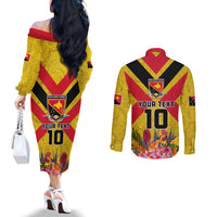Custom Papua New Guinea Rugby Couples Matching Off The Shoulder Long Sleeve Dress and Long Sleeve Button Shirt Bird of Paradise and Hibiscus Polynesian Pattern Yellow Color LT03