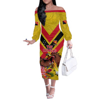 Custom Papua New Guinea Rugby Family Matching Off The Shoulder Long Sleeve Dress and Hawaiian Shirt Bird of Paradise and Hibiscus Polynesian Pattern Yellow Color LT03