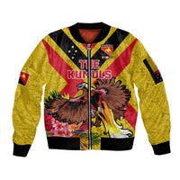 Custom Papua New Guinea Rugby Sleeve Zip Bomber Jacket Bird of Paradise and Hibiscus Polynesian Pattern Yellow Color LT03