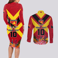 Custom Papua New Guinea Rugby Couples Matching Long Sleeve Bodycon Dress and Long Sleeve Button Shirt Bird of Paradise and Hibiscus Polynesian Pattern Red Color LT03