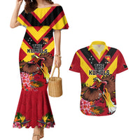 Custom Papua New Guinea Rugby Couples Matching Mermaid Dress and Hawaiian Shirt Bird of Paradise and Hibiscus Polynesian Pattern Red Color LT03