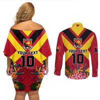 Custom Papua New Guinea Rugby Couples Matching Off Shoulder Short Dress and Long Sleeve Button Shirt Bird of Paradise and Hibiscus Polynesian Pattern Red Color LT03 - Polynesian Pride