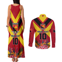 Custom Papua New Guinea Rugby Couples Matching Tank Maxi Dress and Long Sleeve Button Shirt Bird of Paradise and Hibiscus Polynesian Pattern Red Color LT03