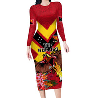 Custom Papua New Guinea Rugby Family Matching Long Sleeve Bodycon Dress and Hawaiian Shirt Bird of Paradise and Hibiscus Polynesian Pattern Red Color LT03