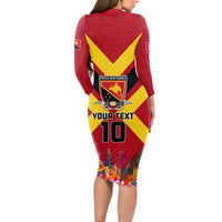 Custom Papua New Guinea Rugby Long Sleeve Bodycon Dress Bird of Paradise and Hibiscus Polynesian Pattern Red Color LT03