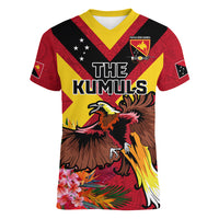 Custom Papua New Guinea Rugby Women V Neck T Shirt Bird of Paradise and Hibiscus Polynesian Pattern Red Color LT03