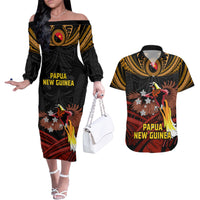 Papua New Guinea Bird-of-Paradise Couples Matching Off The Shoulder Long Sleeve Dress and Hawaiian Shirt Coat of Arms and Tribal Patterns LT03 Black - Polynesian Pride