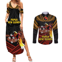 Papua New Guinea Bird-of-Paradise Couples Matching Summer Maxi Dress and Long Sleeve Button Shirt Coat of Arms and Tribal Patterns LT03 Black - Polynesian Pride