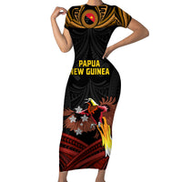 Papua New Guinea Bird-of-Paradise Short Sleeve Bodycon Dress Coat of Arms and Tribal Patterns LT03 Long Dress Black - Polynesian Pride