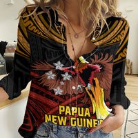Papua New Guinea Bird-of-Paradise Women Casual Shirt Coat of Arms and Tribal Patterns LT03 Female Black - Polynesian Pride