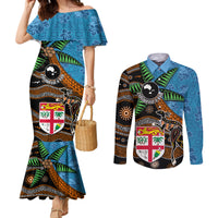 Fiji and Australia Couples Matching Mermaid Dress and Long Sleeve Button Shirt Fijian and Aboriginal mix Culture LT03 Blue - Polynesian Pride