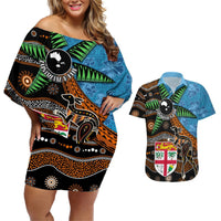 Fiji and Australia Couples Matching Off Shoulder Short Dress and Hawaiian Shirt Fijian and Aboriginal mix Culture LT03 Blue - Polynesian Pride