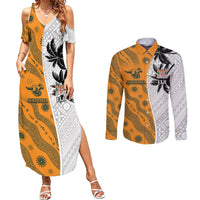 Custom Fiji and Australia Rugby Couples Matching Summer Maxi Dress and Long Sleeve Button Shirt Tapa Mix Aboriginal Pattern Half Style LT03 White - Polynesian Pride