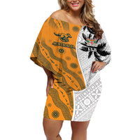 Custom Fiji and Australia Rugby Off Shoulder Short Dress Tapa Mix Aboriginal Pattern Half Style LT03 Women White - Polynesian Pride