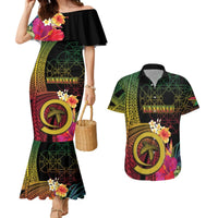 Vanuatu Independence Day Couples Matching Mermaid Dress and Hawaiian Shirt Sand Drawing Melanesian Vibes LT03 Black - Polynesian Pride